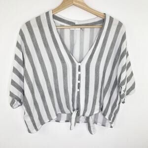 Storia Grey White Striped V-Neck Tie Hem Short Sleeve Top Women's Size Medium M